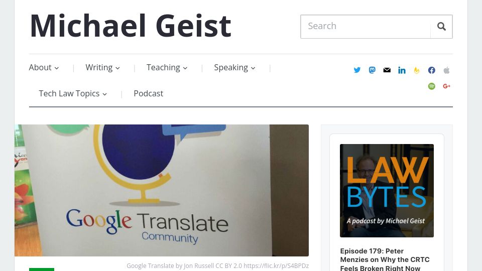 Screenshot of michaelgeist.ca: Canada plans to regulate search and social media use of AI
