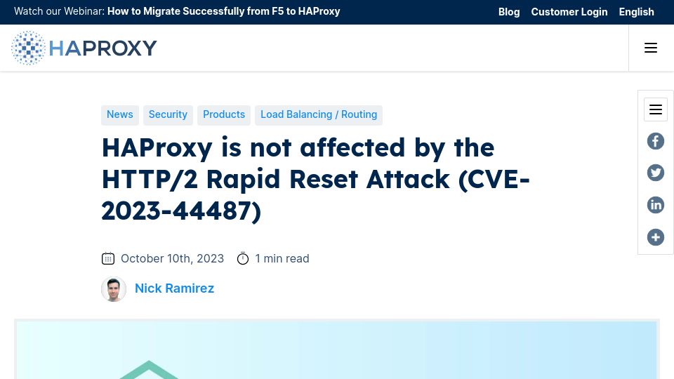 Screenshot of haproxy.com: HAProxy is not affected by the HTTP/2 Rapid Reset Attack