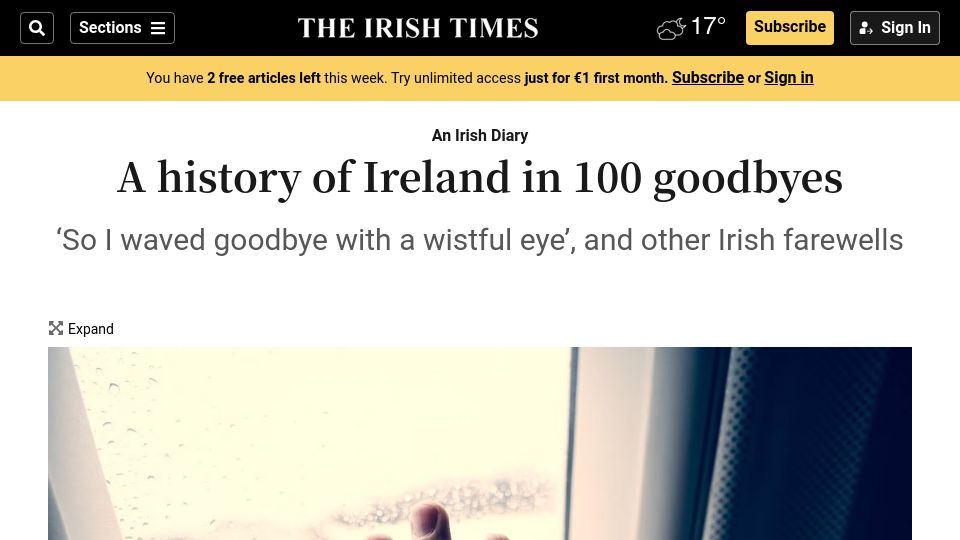 Screenshot of irishtimes.com: A history of Ireland in 100 goodbyes