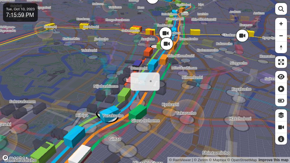 Screenshot of minitokyo3d.com: A real-time 3D digital map of Tokyo's public transport system