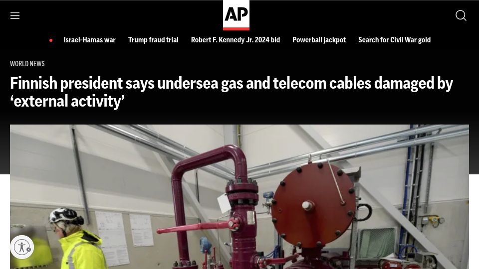 Screenshot of apnews.com: Finnish president says undersea pipeline, cables damaged by 'external activity'