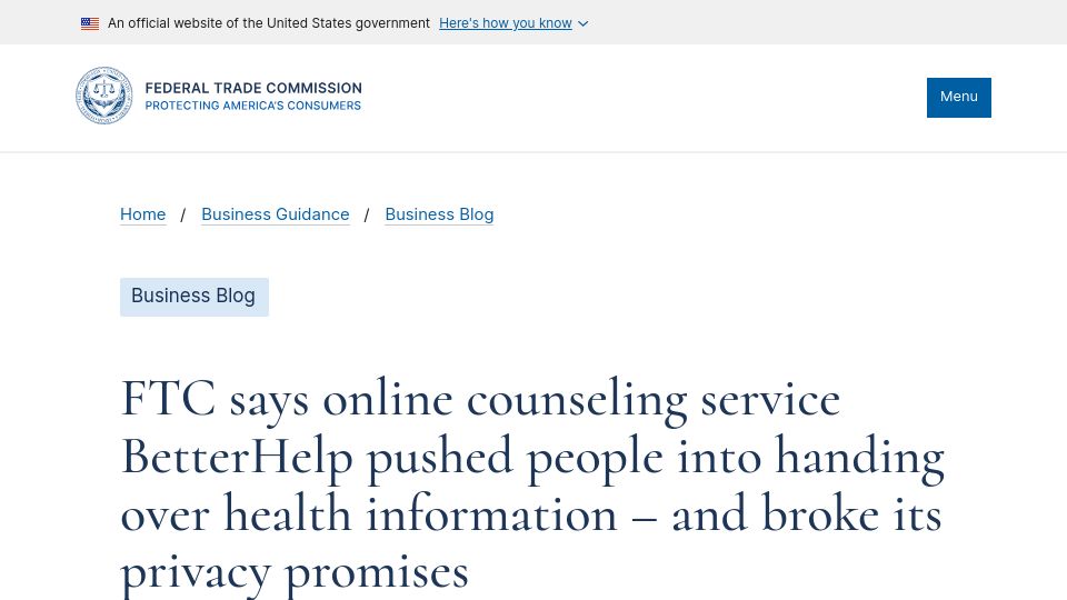 Screenshot of ftc.gov: FTC: BetterHelp pushed people into handing over health information