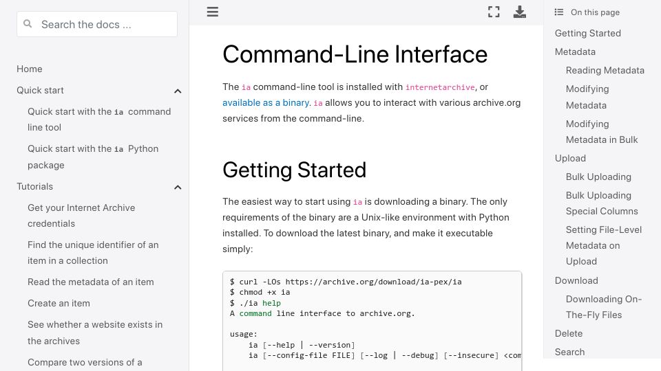 Screenshot of archive.org: Official CLI Tool for the Internet Archive