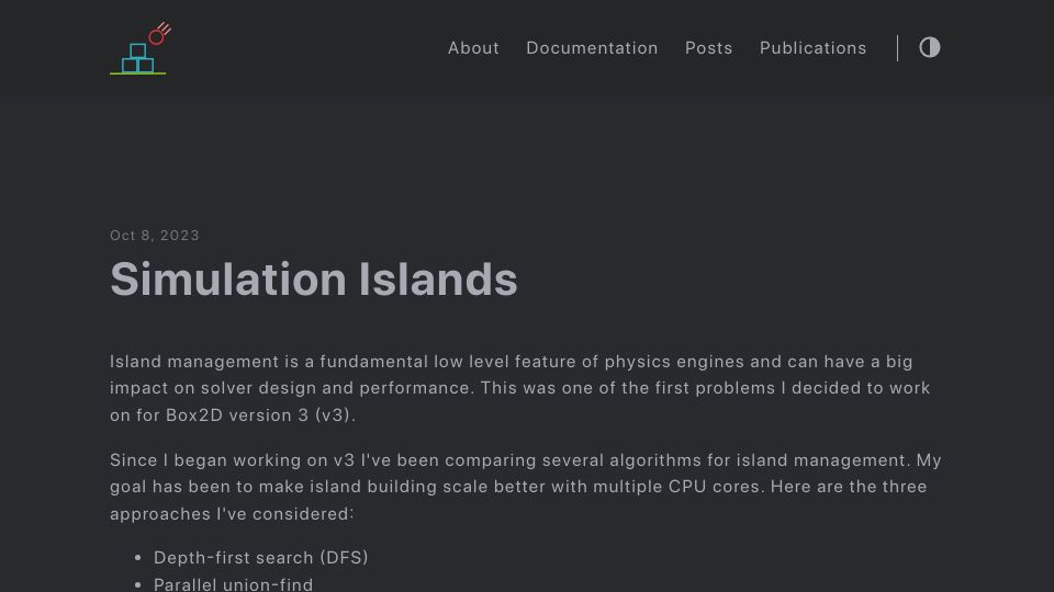 Screenshot of box2d.org: Simulation Islands