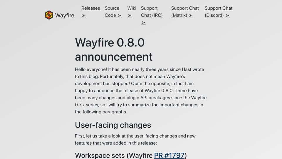 Screenshot of wayfire.org: Wayfire 0.8