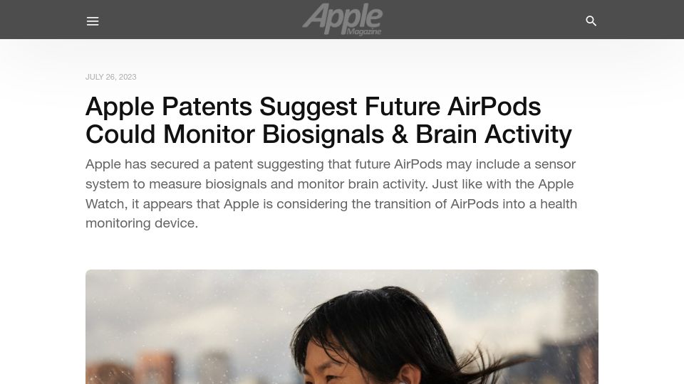 Screenshot of applemagazine.com: Apple patents suggest future AirPods could monitor biosignals and brain activity