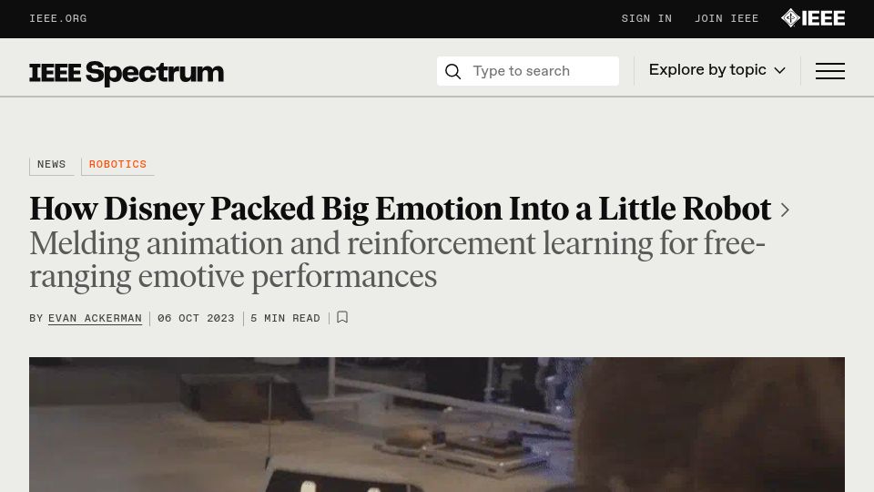 Screenshot of spectrum.ieee.org: Disney packed big emotion into a little robot