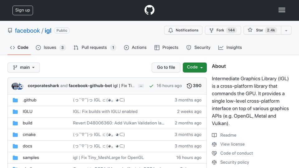 Screenshot of github.com: Intermediate Graphics Library, a cross-platform GPU abstraction library by Meta