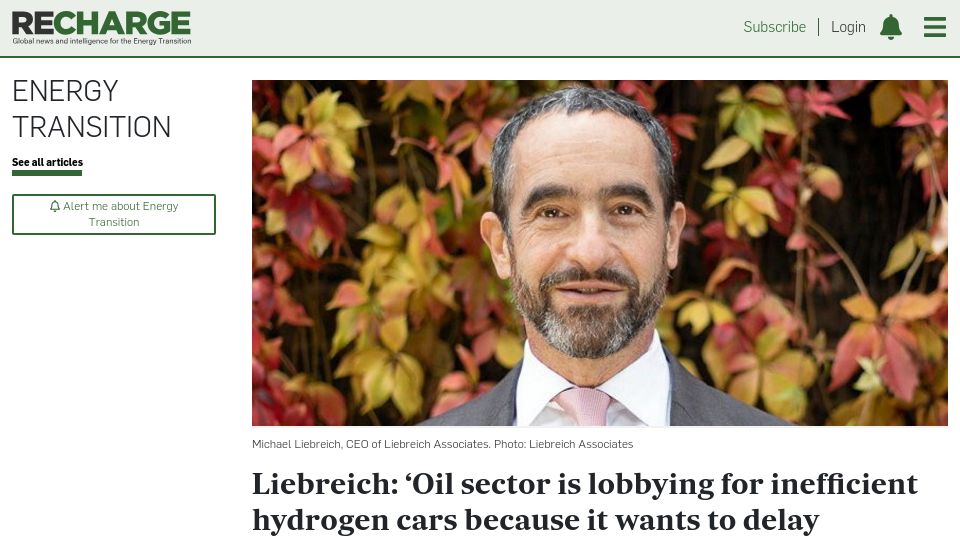 Screenshot of rechargenews.com: Oil sector is lobbying for inefficient hydrogen cars to delay electrification