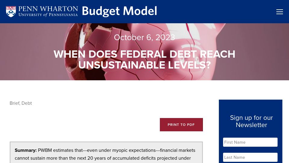 Screenshot of budgetmodel.wharton.upenn.edu: When Does Federal Debt Reach Unsustainable Levels?