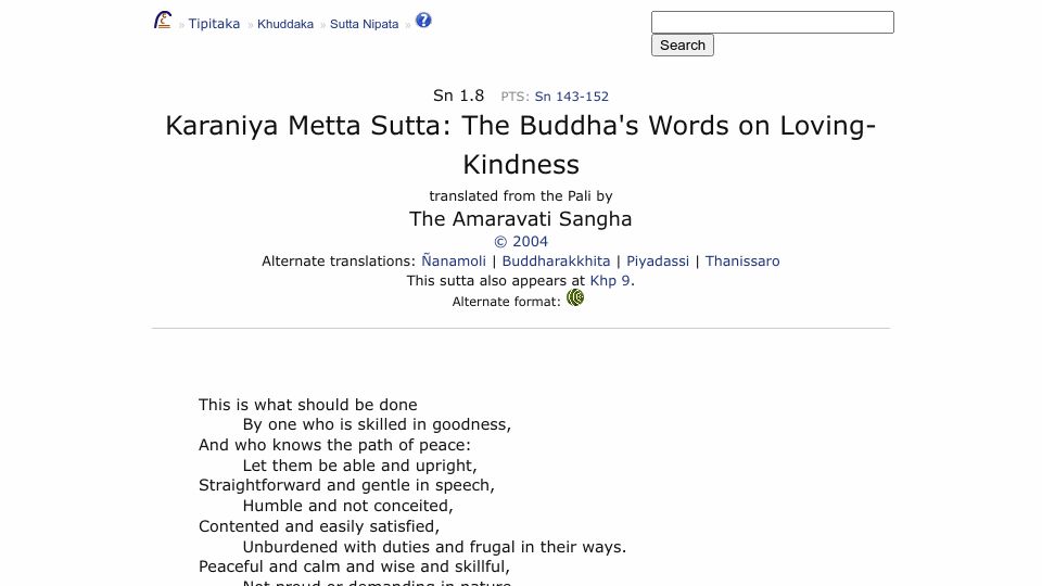 Screenshot of accesstoinsight.org: Karaniya Metta Sutta: The Buddha's Words on Loving-Kindness