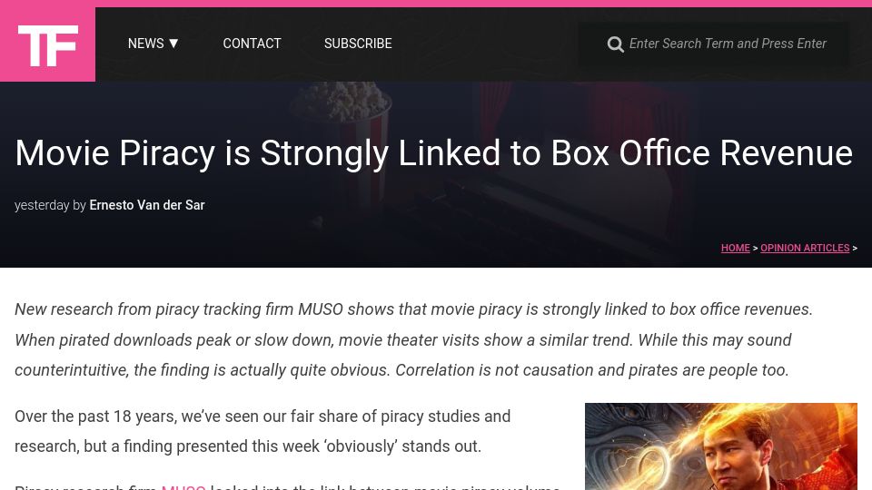 Screenshot of torrentfreak.com: Movie piracy is strongly linked to box office revenue