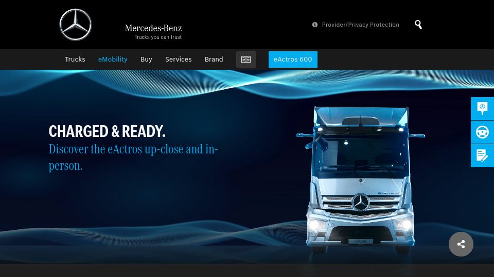 Screenshot of mercedes-benz-trucks.com: Mercedes-Benz eActros 600 e-truck