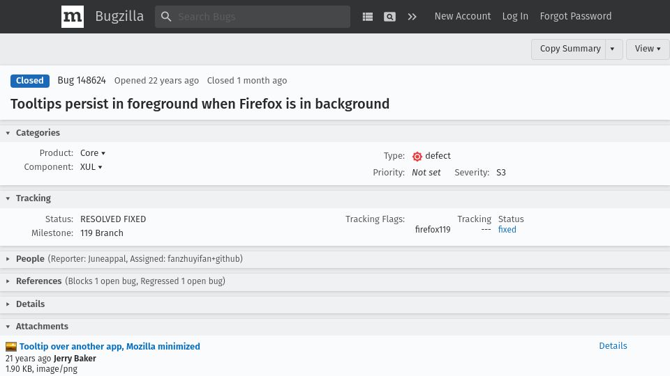 Screenshot of bugzilla.mozilla.org: Firefox tooltip bug fixed after 22 years
