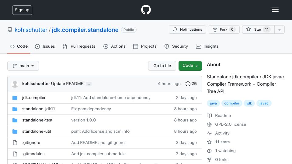 Screenshot of github.com: Show HN: Standalone Jdk.compiler, Java Compiler Framework and Tree API