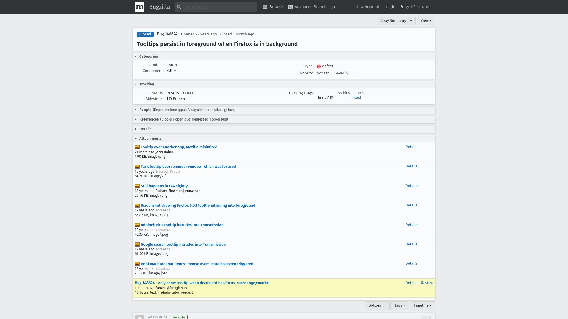 Screenshot of bugzilla.mozilla.org: Firefox tooltip bug fixed after 22 years