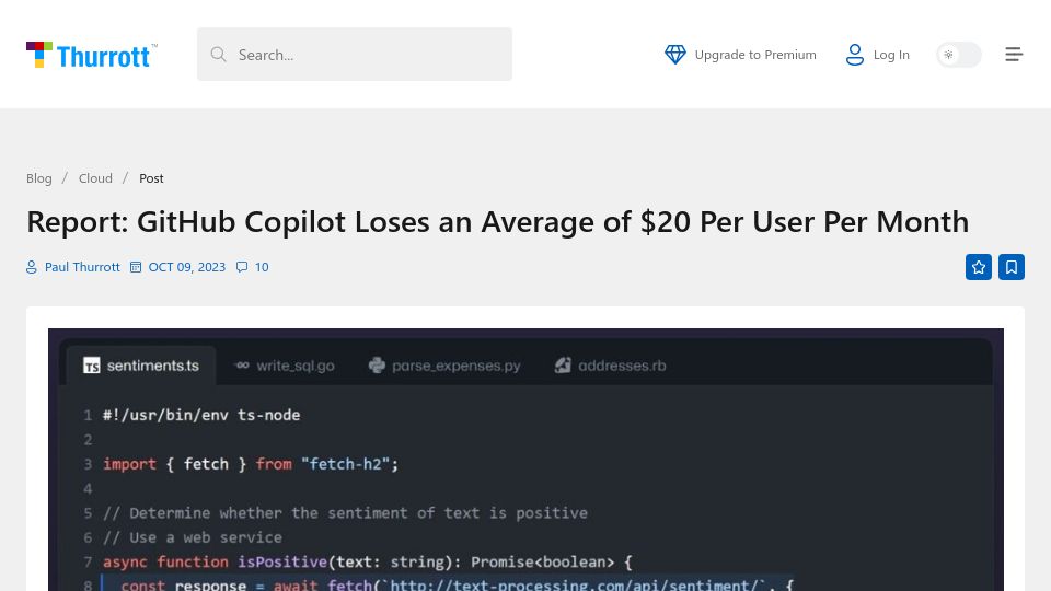 Screenshot of thurrott.com: GitHub Copilot loses an average of $20 per user per month