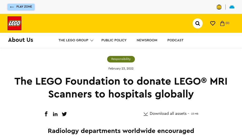 Screenshot of lego.com: Lego MRI Scanners donated to hospitals to help children cope with anxiety (2022)