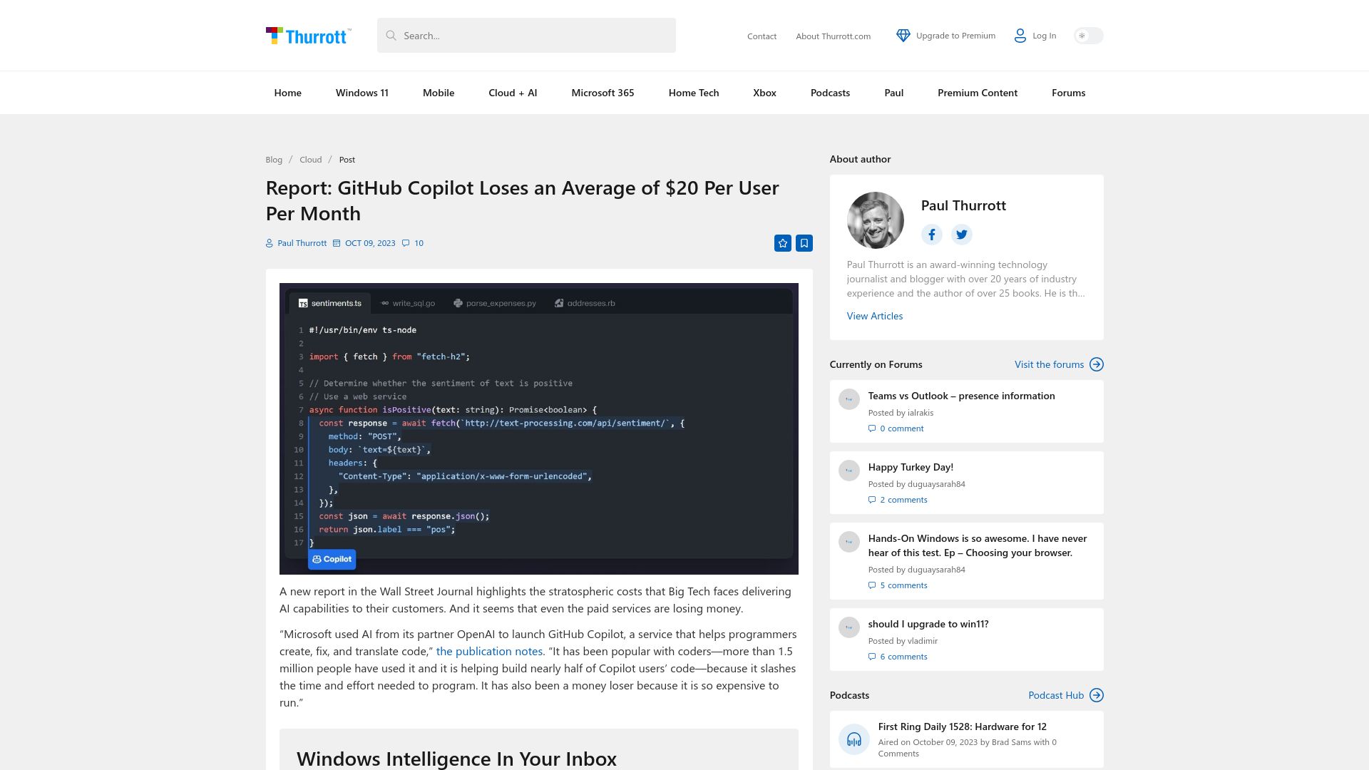 Screenshot of thurrott.com: GitHub Copilot loses an average of $20 per user per month