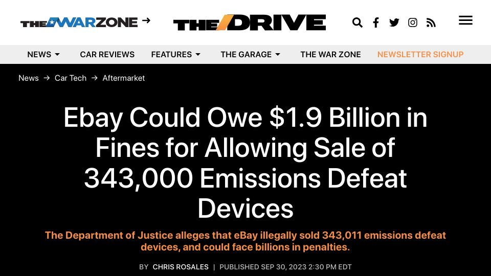 Screenshot of thedrive.com: US sues eBay for allowing sale of emissions defeat devices