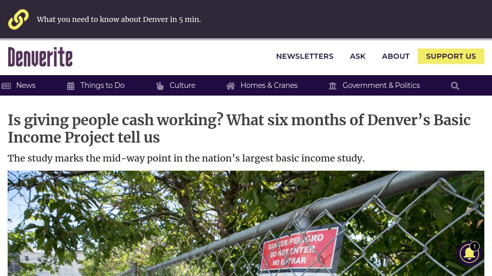 Screenshot of denverite.com: Is giving people cash working? Six months of Denver's Basic Income Project