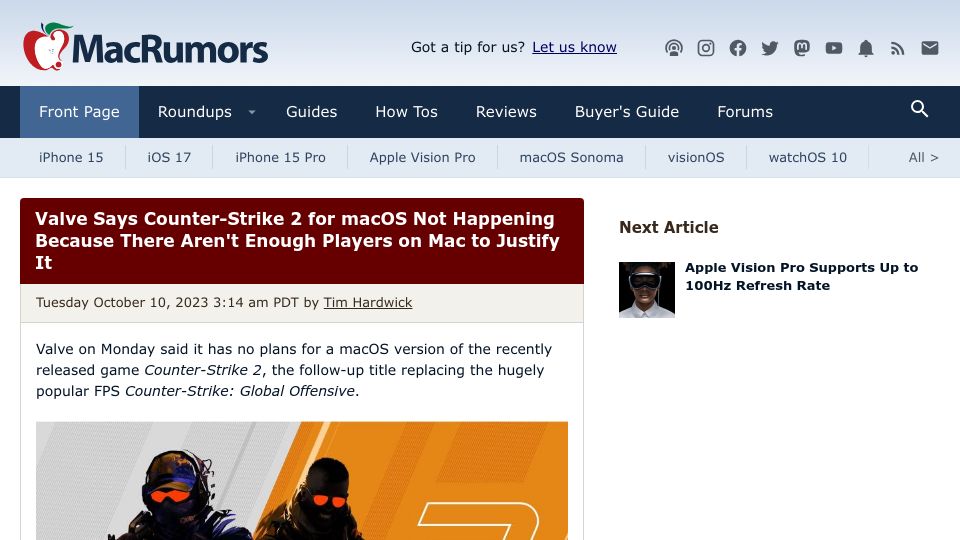 Screenshot of macrumors.com: Valve says Counter-Strike 2 for macOS not happening, there aren't enough players