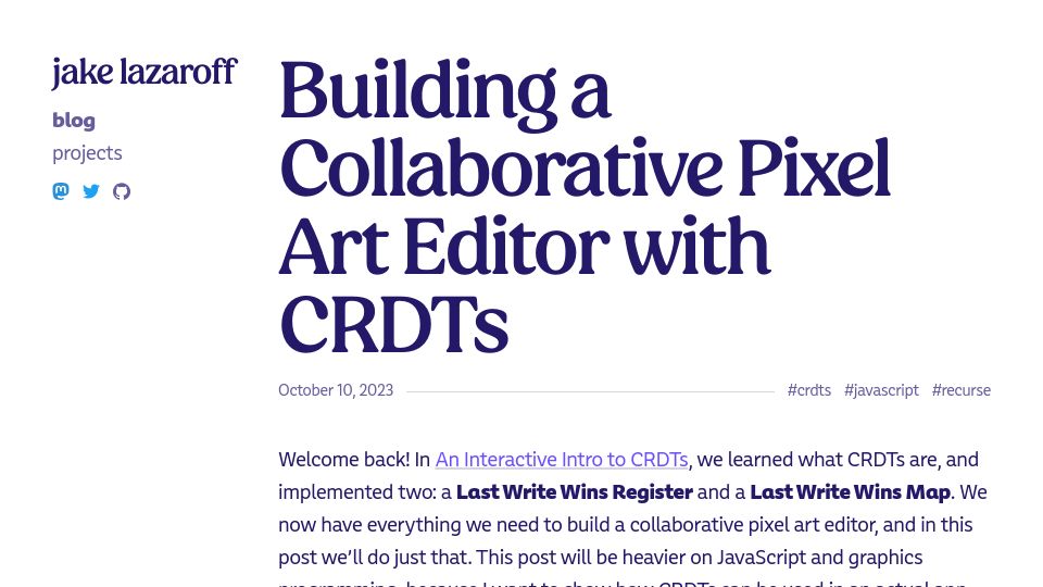 Screenshot of jakelazaroff.com: Building a collaborative pixel art editor with CRDTs