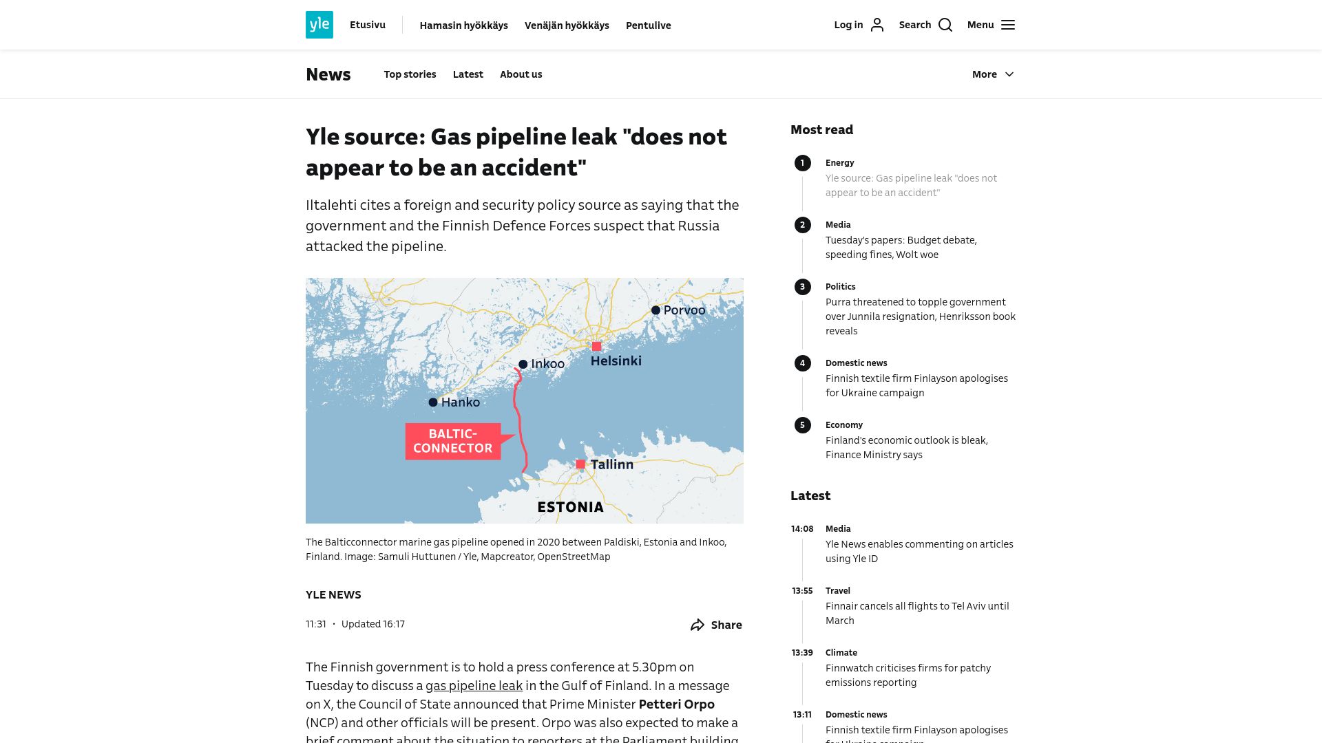 Screenshot of yle.fi: Finnish Government to Make Announcement on Gas Pipeline Leak in Gulf of Finland