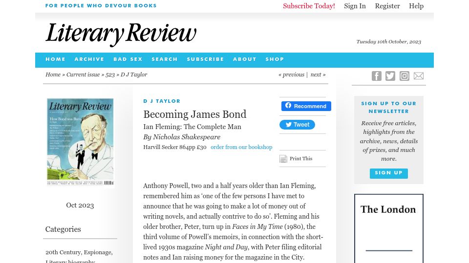 Screenshot of literaryreview.co.uk: Becoming James Bond