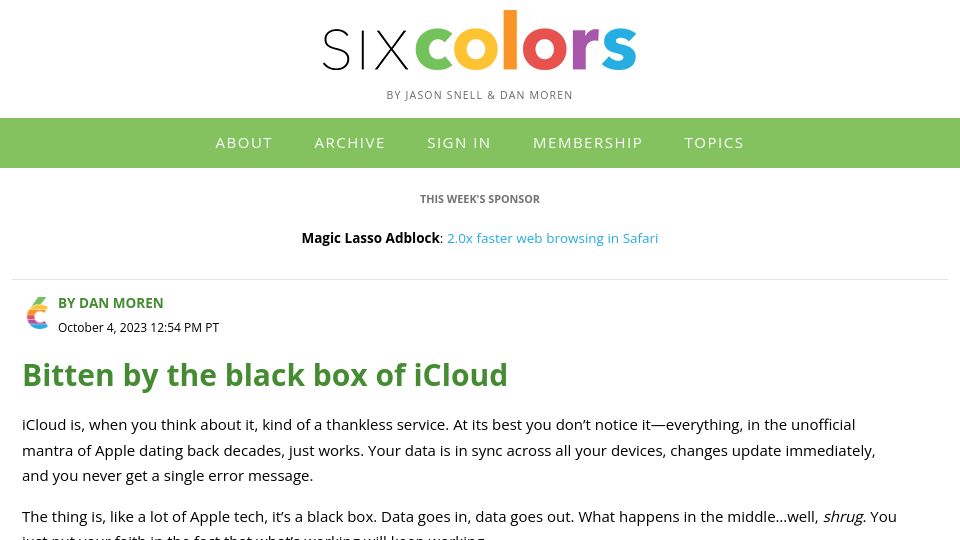 Screenshot of sixcolors.com: Bitten by the black box of iCloud