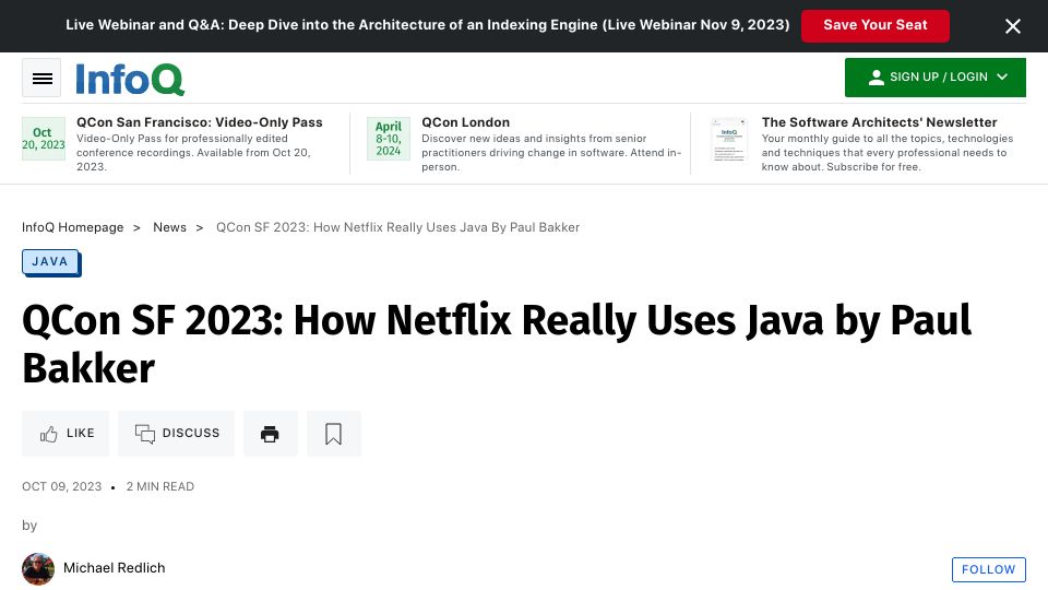 Screenshot of infoq.com: How Netflix uses Java