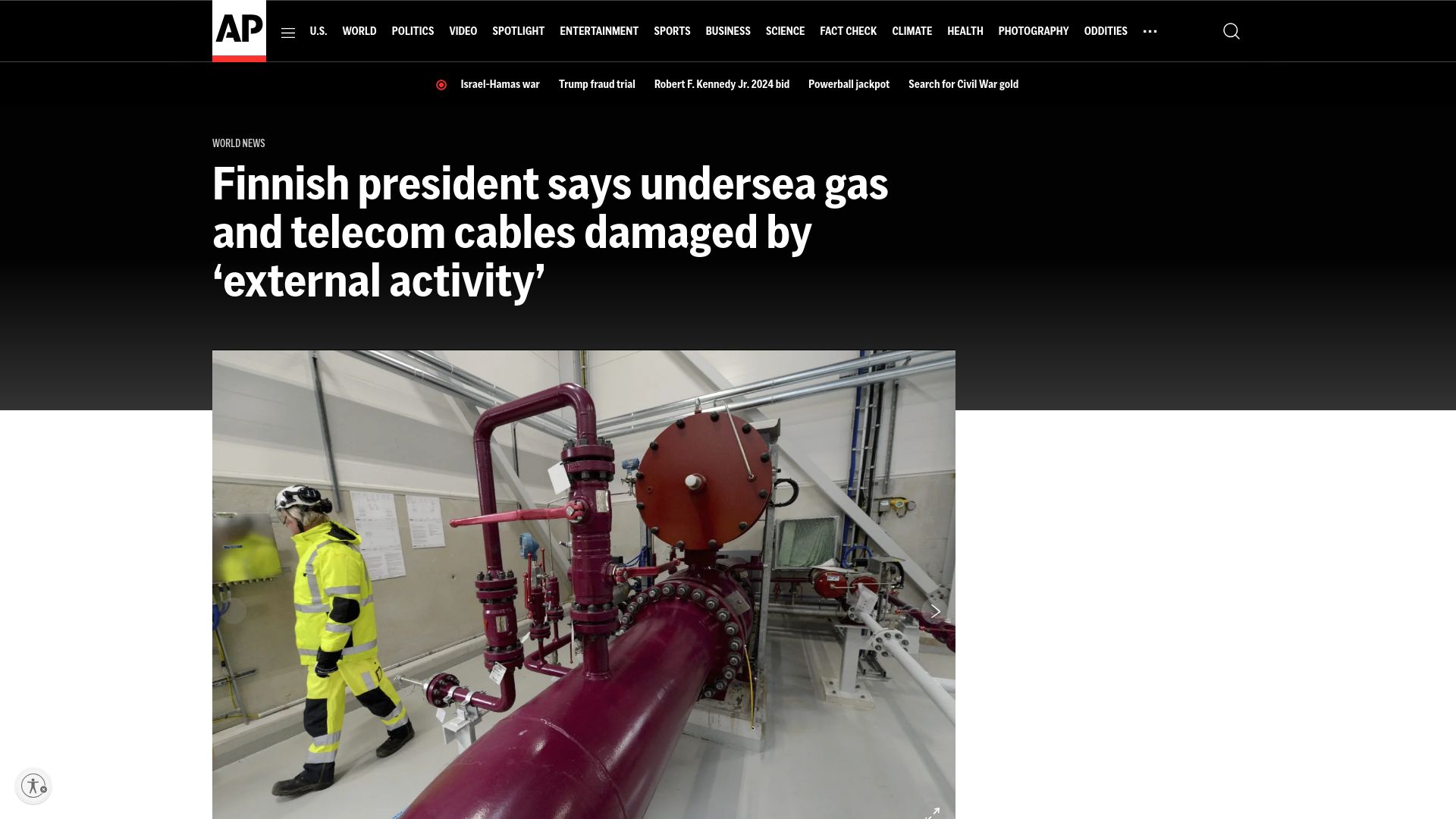 Screenshot of apnews.com: Finnish president says undersea pipeline, cables damaged by 'external activity'