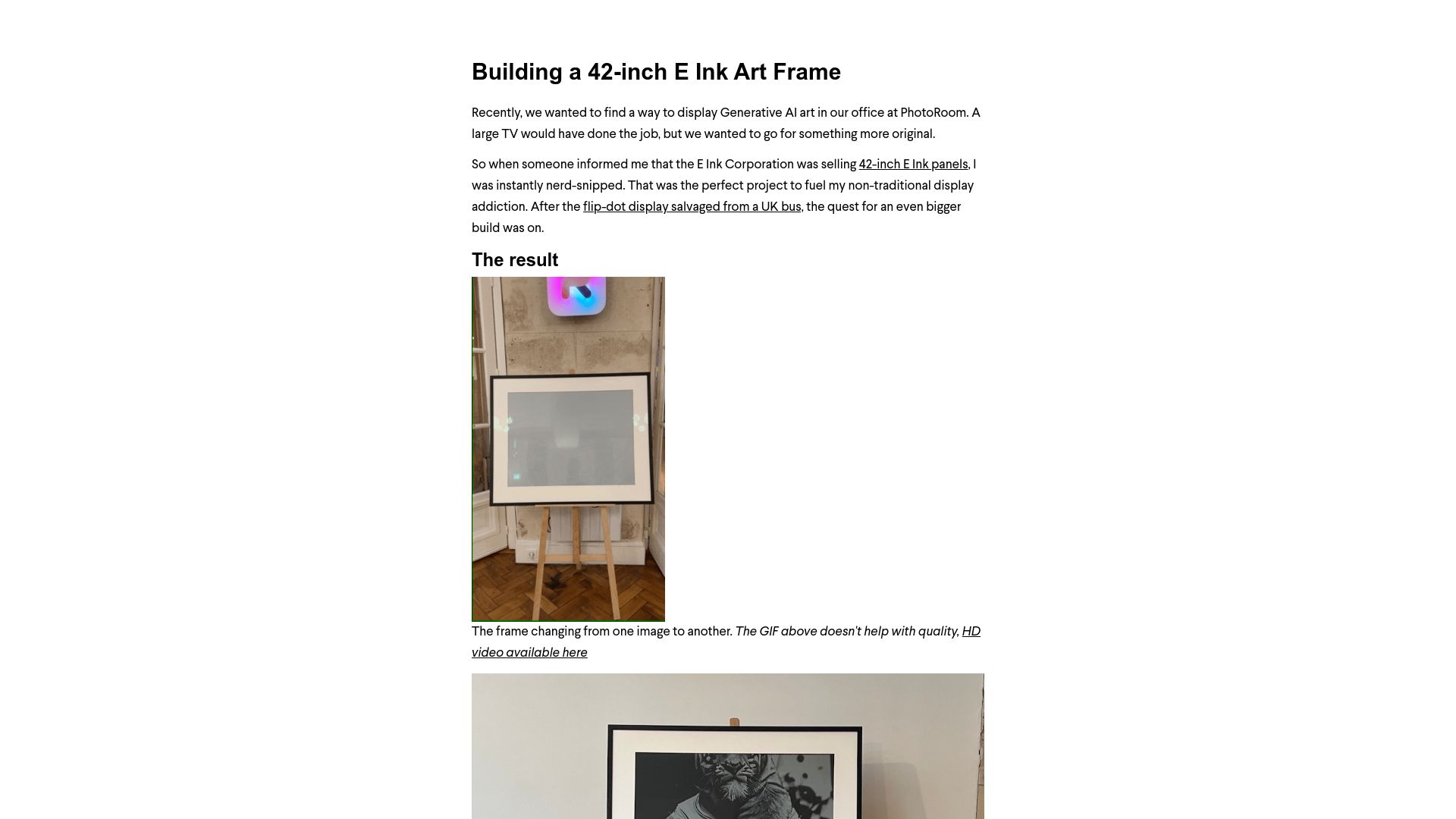 Screenshot of eliot.blog: Show HN: Building a 42-inch E-Ink frame for generative art