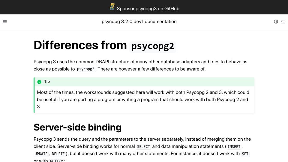 Screenshot of psycopg.org: Differences from Psycopg2