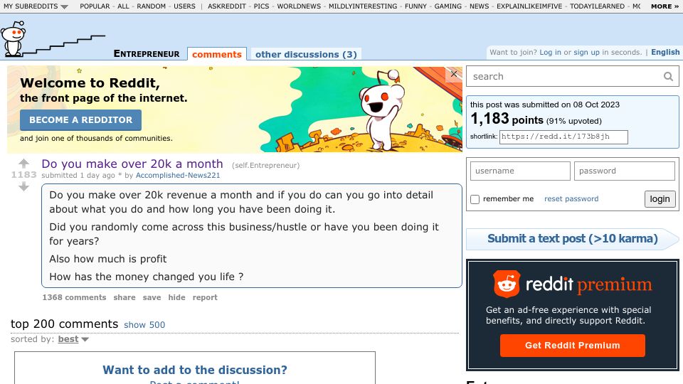 Screenshot of old.reddit.com: Do you make over 20k a month?