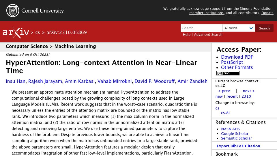 Screenshot of arxiv.org: HyperAttention: Long-Context Attention in Near-Linear Time