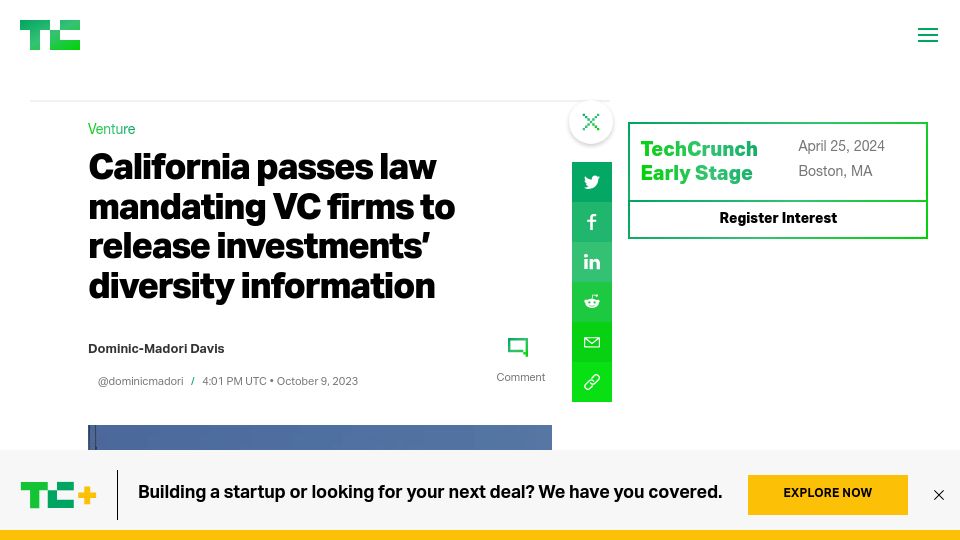 Screenshot of techcrunch.com: California mandates VC firms to release investments' diversity information