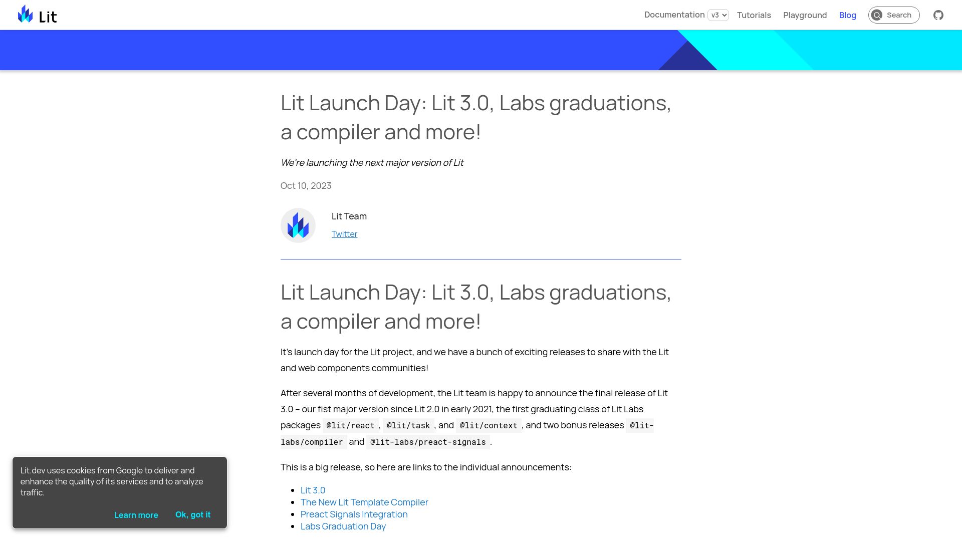 Screenshot of lit.dev: Lit 3 Release Announcement