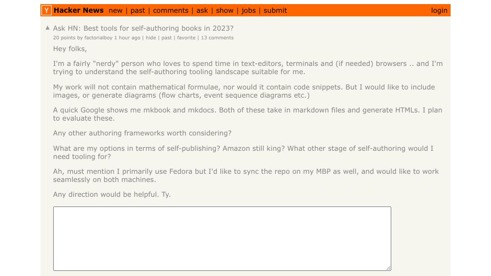 Screenshot of Hacker News post: Ask HN: Best tools for self-authoring books in 2023?