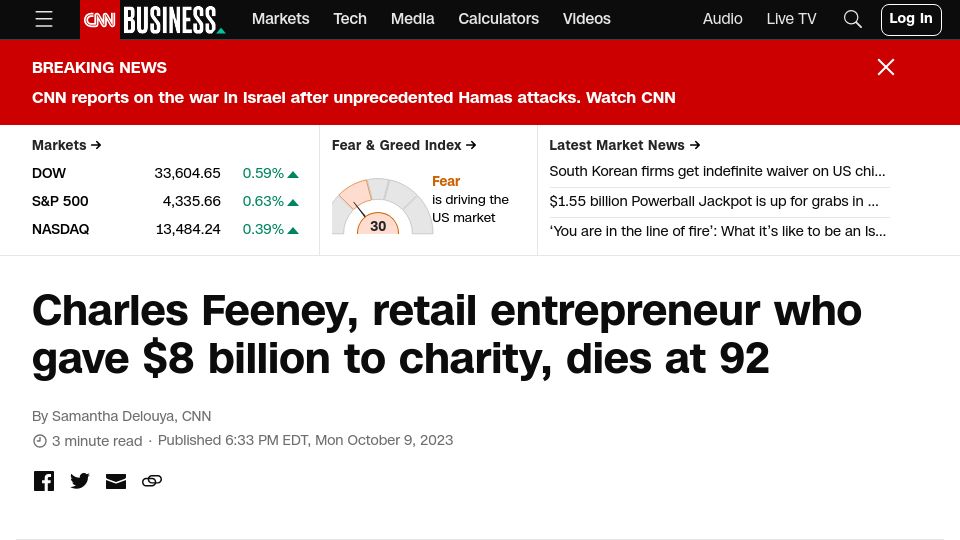 Screenshot of cnn.com: Chuck Feeney has died