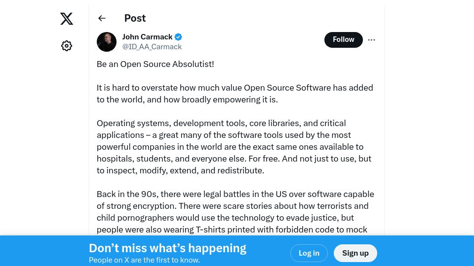 Screenshot of twitter.com: John Carmack: Be an Open Source Absolutist