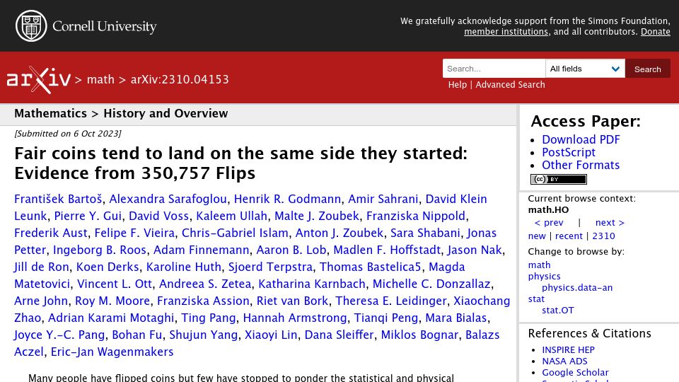 Screenshot of arxiv.org: Fair coins tend to land on the same side they started