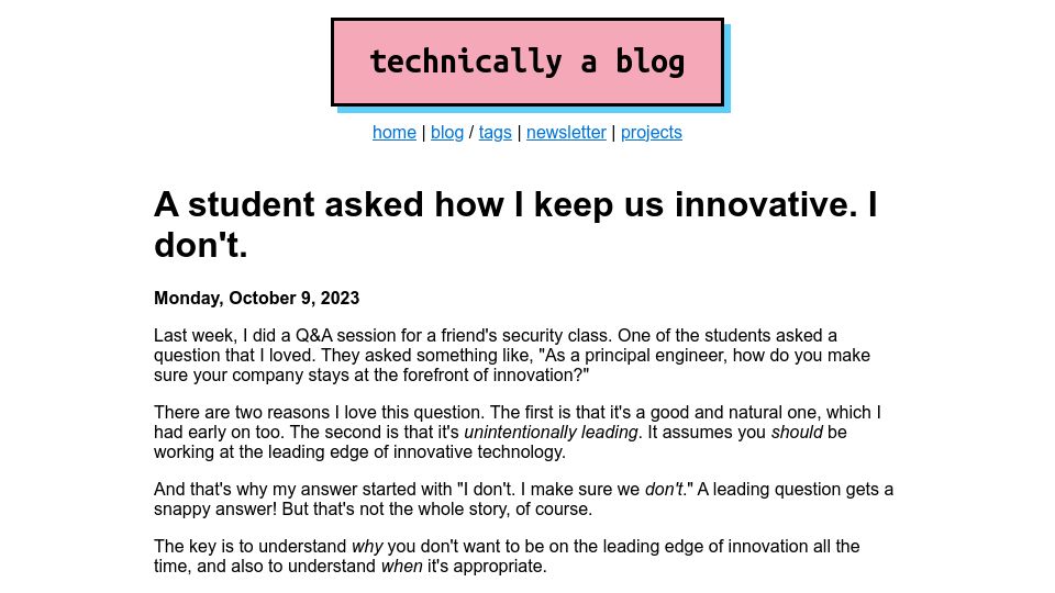 Screenshot of ntietz.com: A student asked how I keep us innovative – I don't