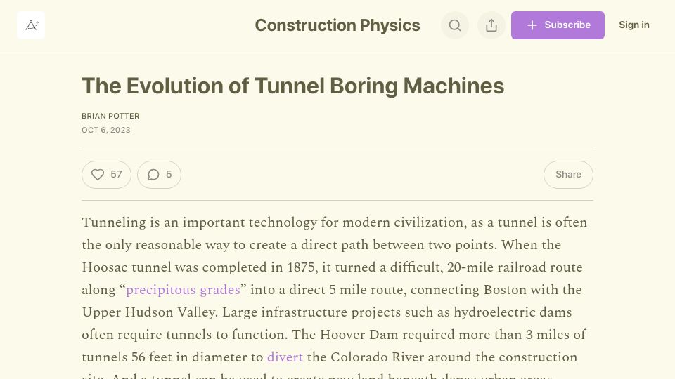 Screenshot of construction-physics.com: The Evolution of Tunnel Boring Machines