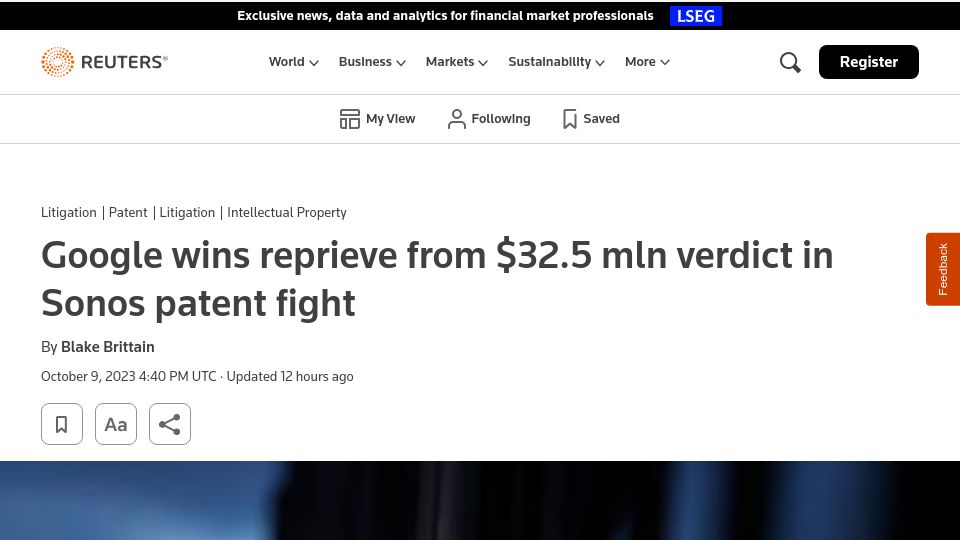 Screenshot of reuters.com: Google wins reprieve from $32M verdict in Sonos patent fight