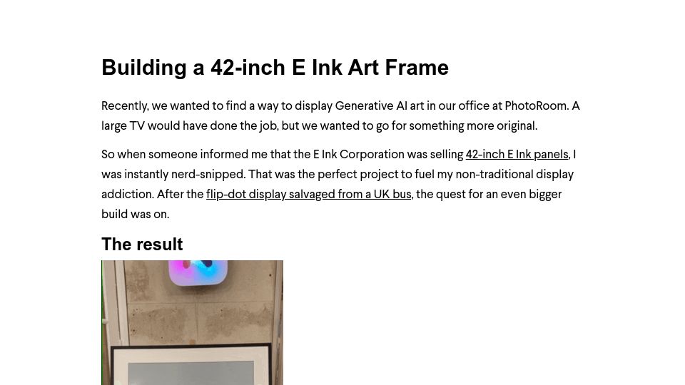 Screenshot of eliot.blog: Show HN: Building a 42-inch E-Ink frame for generative art