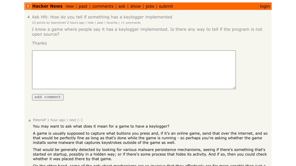 Screenshot of Hacker News post: Ask HN: How do you tell if something has a keylogger implemented