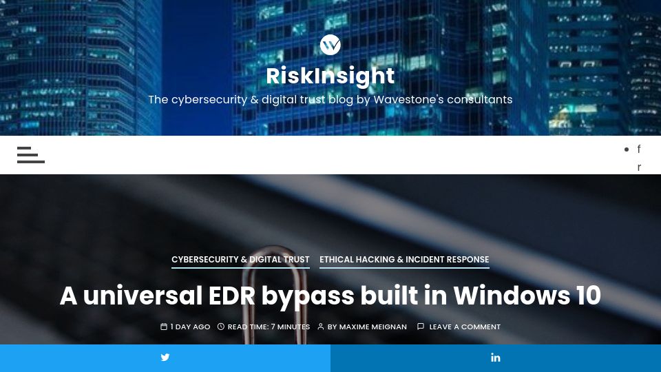 Screenshot of riskinsight-wavestone.com: A universal EDR bypass built in Windows 10
