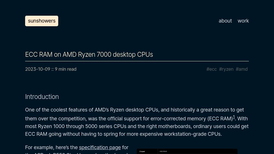 Screenshot of sunshowers.io: ECC RAM on AMD Ryzen 7000 Desktop CPUs