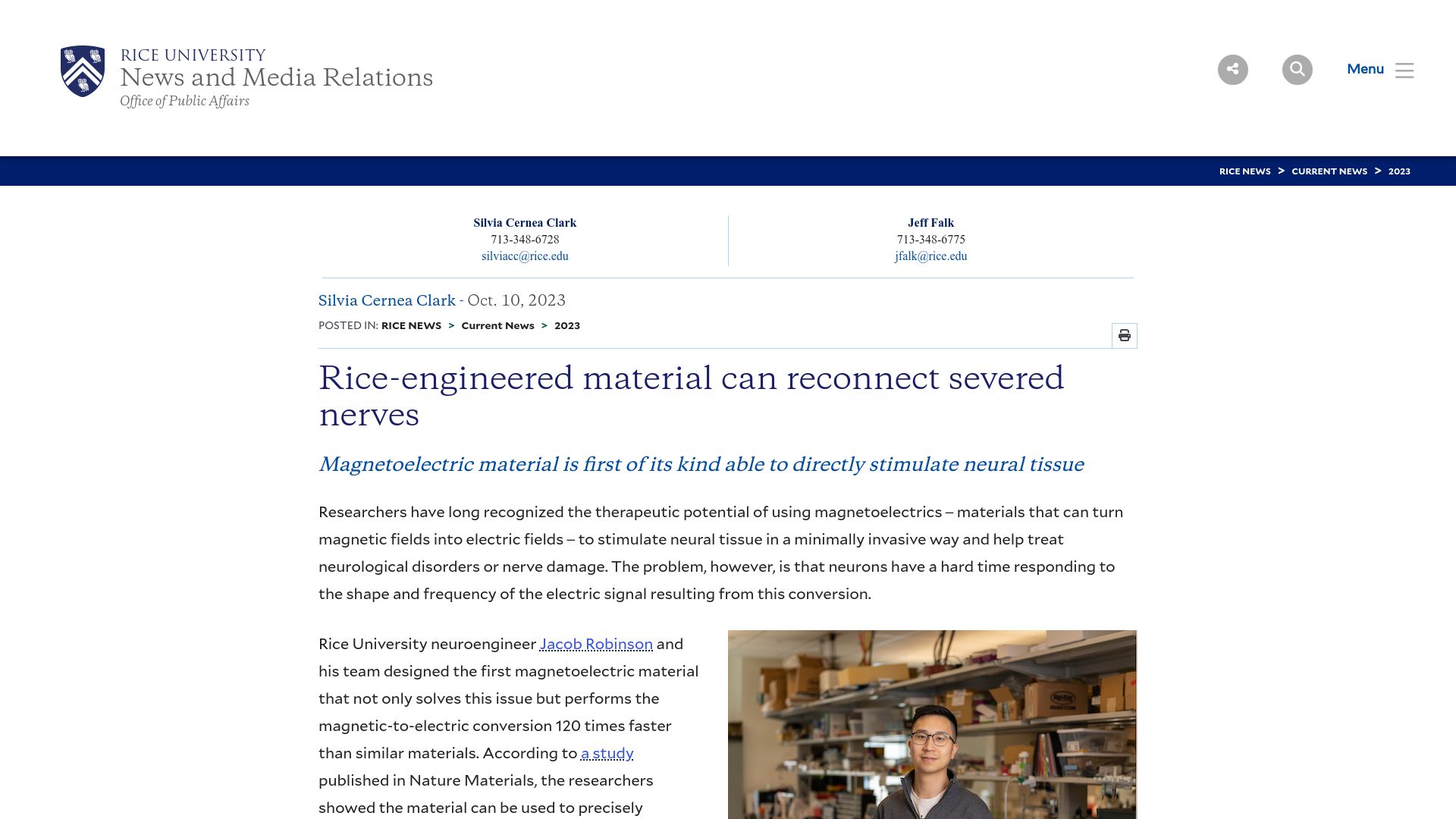 Screenshot of news.rice.edu: Engineered material can reconnect severed nerves